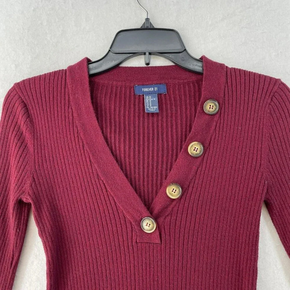 Forever 21 Sweater Womens M Red V-Neck Ribbed Knit Stretch Slim FitLong Sleeves - Picture 6 of 10
